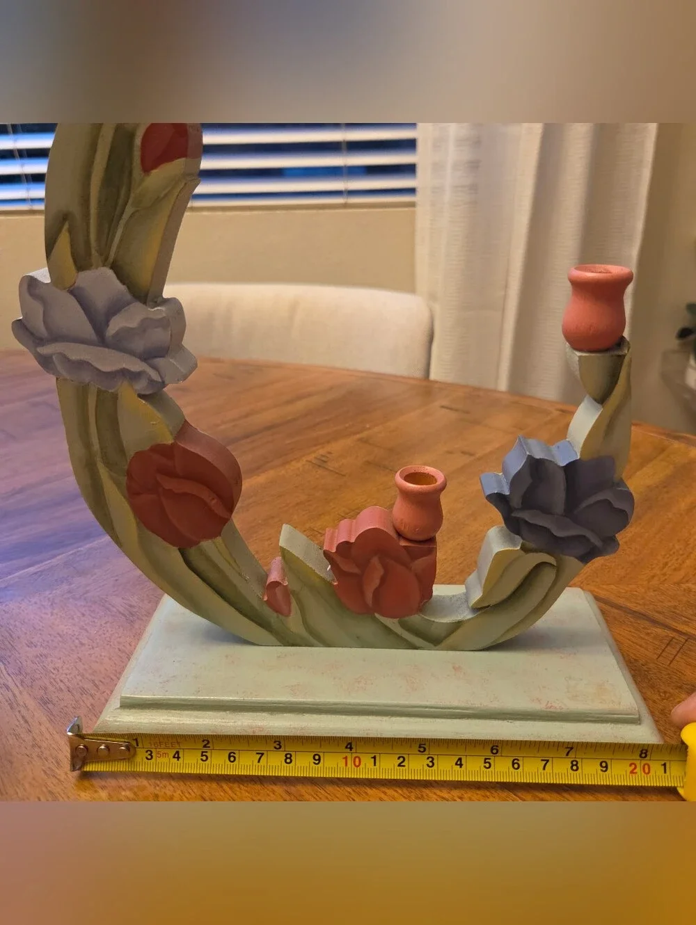 Large Hand-Painted Wooden Floral Taper Candle Holder– Cottagecore Farmhouse Deco